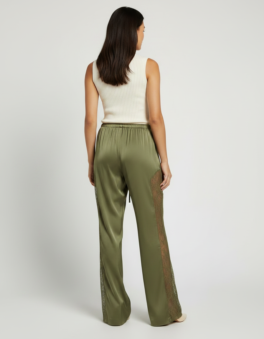 Pantalon Patte D'Éléphant Vert Satiné Dentelle Fluide Élégant - vue 2