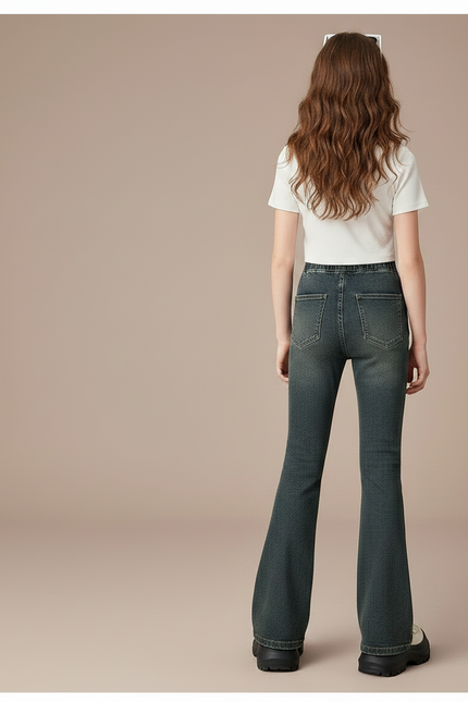 Pantalon Patte D'Éléphant Jean Délavé Taille Haute Élastique - Vert - vue 2