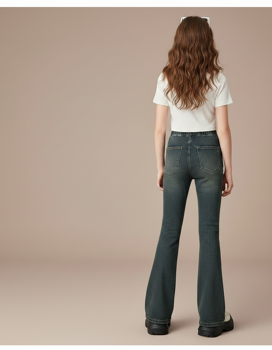 Pantalon Patte D'Éléphant Jean Délavé Taille Haute Élastique - Vert - vue 2