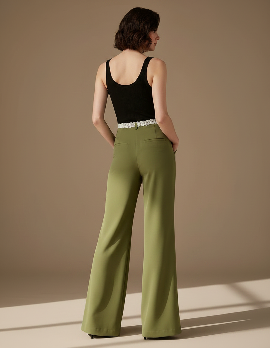Pantalon Patte D'Éléphant Vert Fluide Taille Haute Décontracté - Polyester - vue 2