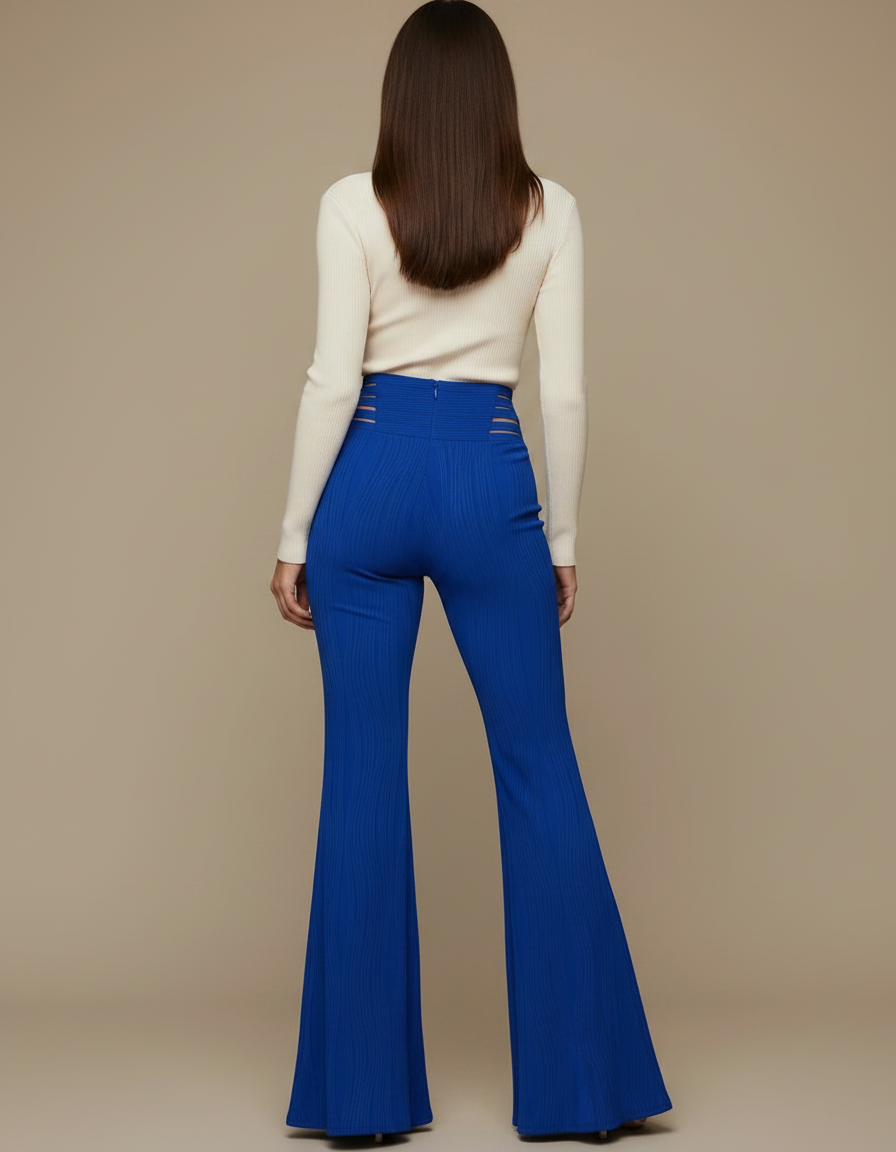 Pantalon Patte D'Éléphant Bleu Texturé Maille Croisée Élégant - vue 2