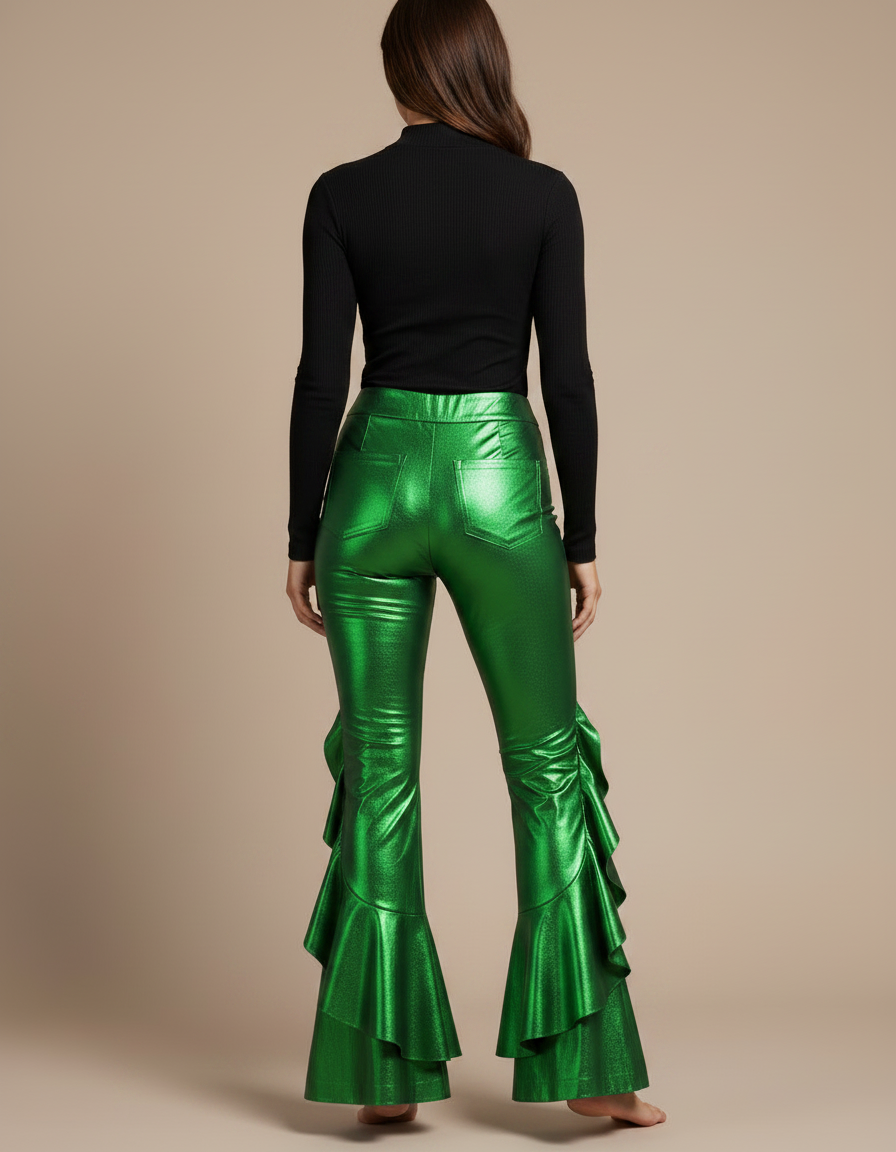 Pantalon Patte D'Éléphant Vert Métallique Volants Évasé Sexy - Simili cuir - vue 2