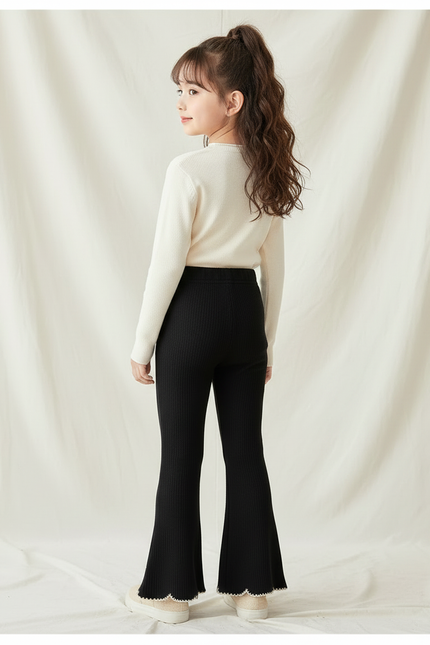 Pantalon Patte D'Éléphant Noir Côtelé Brodé Cerises Fille - Maille - vue 2