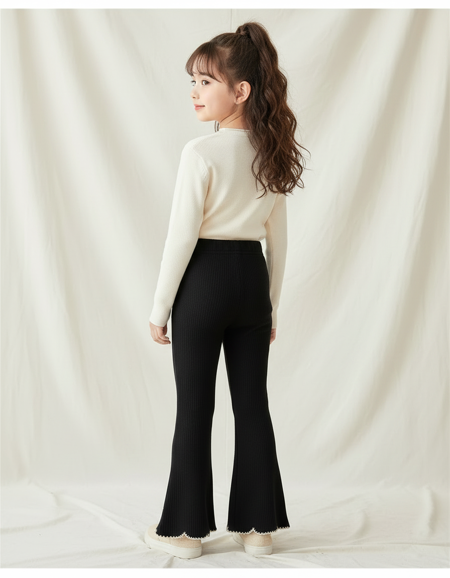 Pantalon Patte D'Éléphant Noir Côtelé Brodé Cerises Fille - Maille - vue 2
