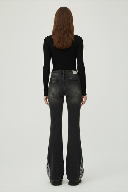 Pantalon Patte D'Éléphant Noir Délavé Lacets Imprimé Papillon - Jean - vue 2