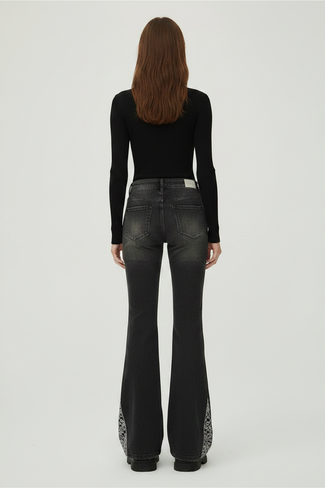 Pantalon Patte D'Éléphant Noir Délavé Lacets Imprimé Papillon - Jean - vue 2