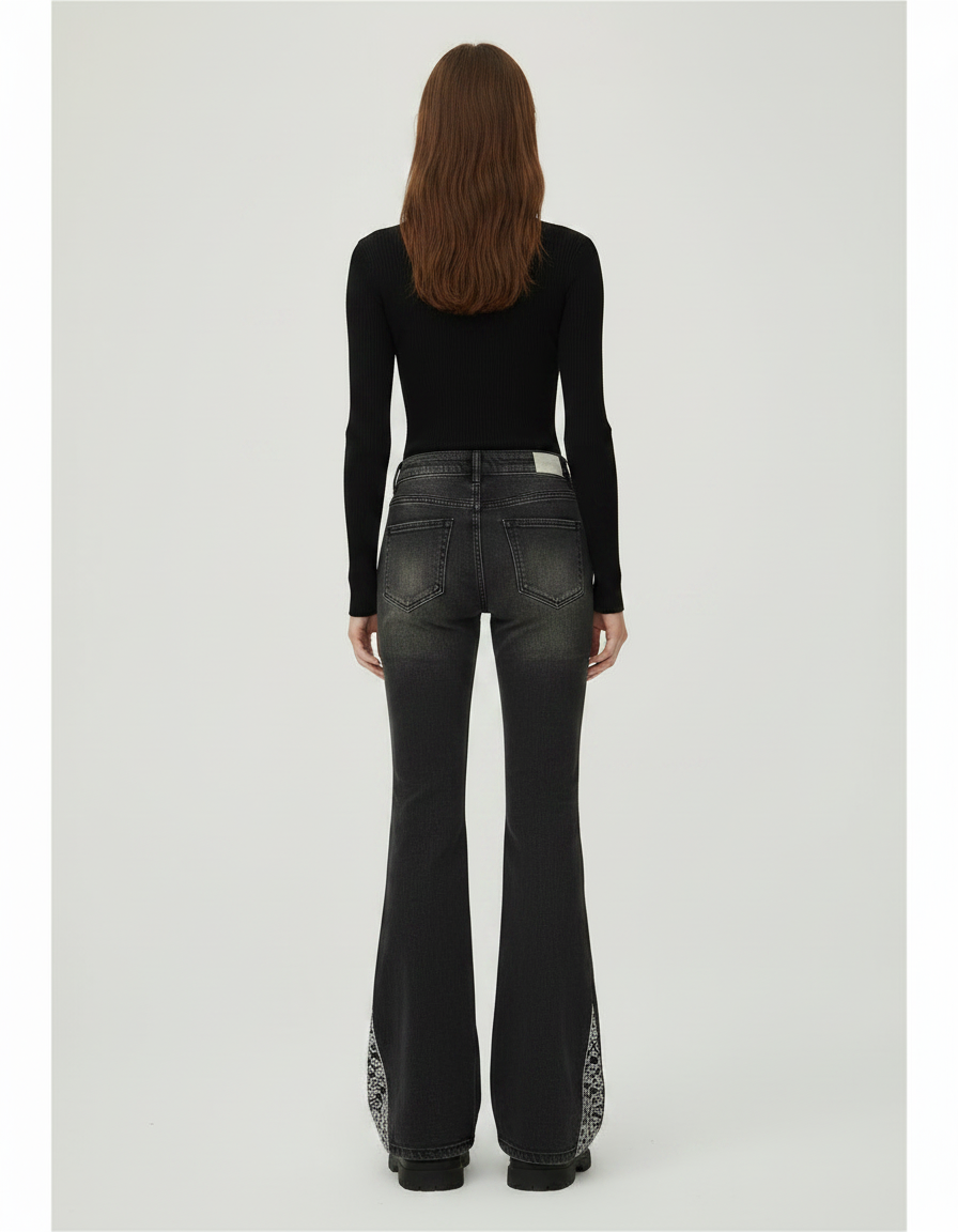 Pantalon Patte D'Éléphant Noir Délavé Lacets Imprimé Papillon - Jean - vue 2