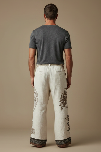 Pantalon Patte D'Éléphant Lin Imprimé Arbre Ethnique Ample - Beige - vue 2