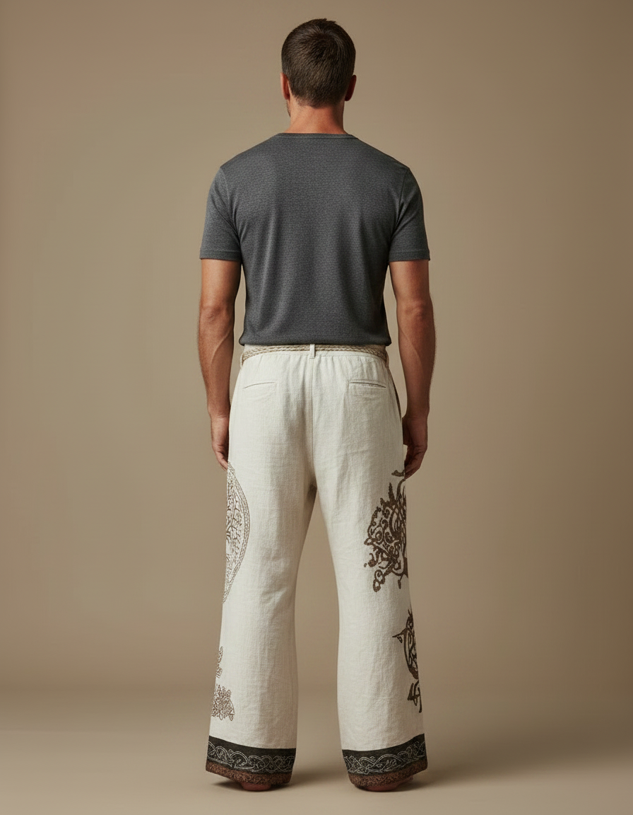 Pantalon Patte D'Éléphant Lin Imprimé Arbre Ethnique Ample - Beige - vue 2