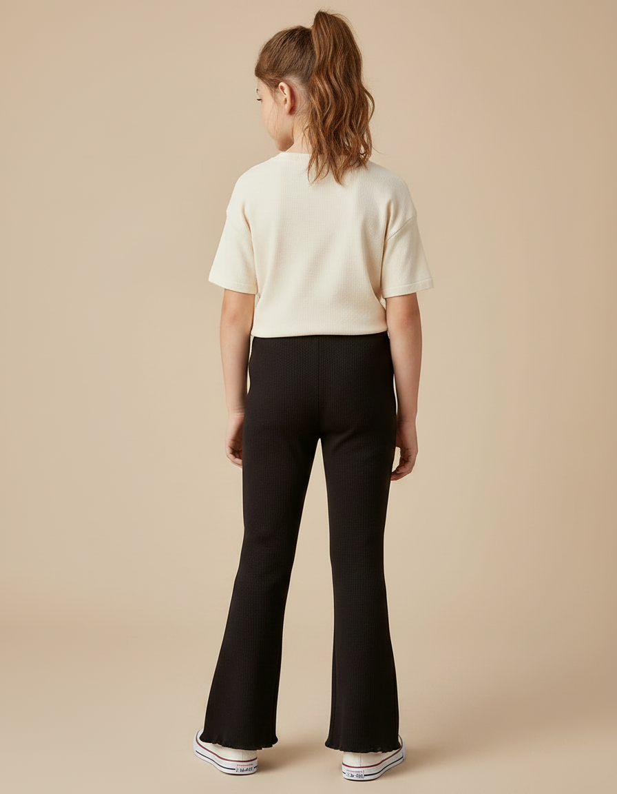 Pantalon Patte D'Éléphant Noir Côtelé Évasé Fleuri Fille - Maille - vue 2