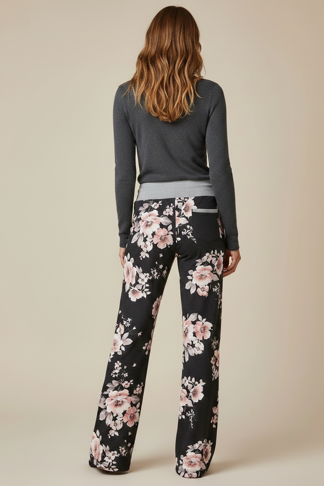Pantalon Patte D'Éléphant Noir Fleuri Ample Confortable Cordon - Multicolore Maille - vue 2