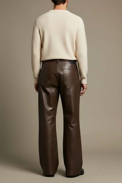 Pantalon Patte D'Éléphant Marron Cuir Large Élégant Homme - vue 2