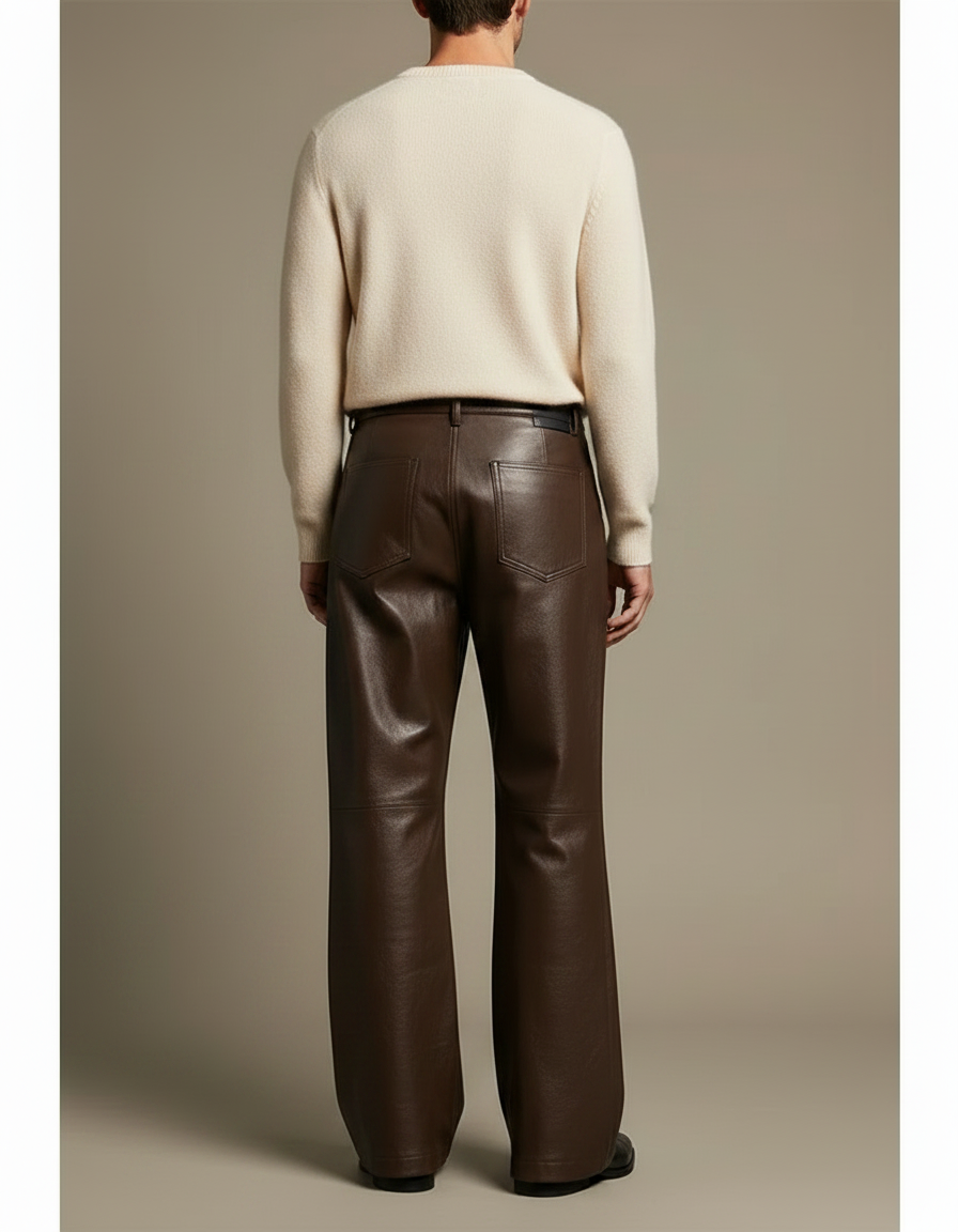 Pantalon Patte D'Éléphant Marron Cuir Large Élégant Homme - vue 2