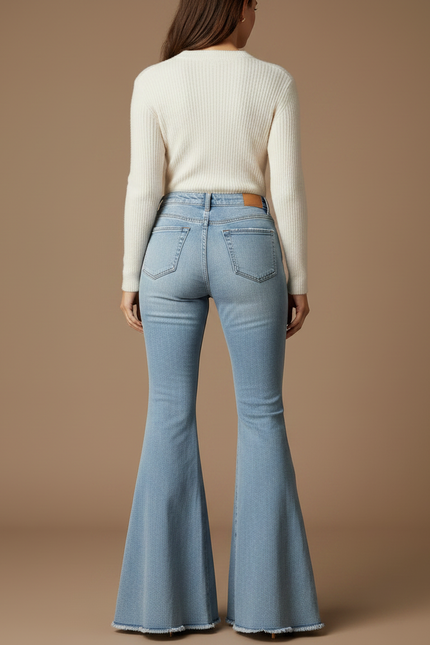 Pantalon Patte D'Éléphant Jean Fendu Franges Taille Haute - Bleu - vue 2