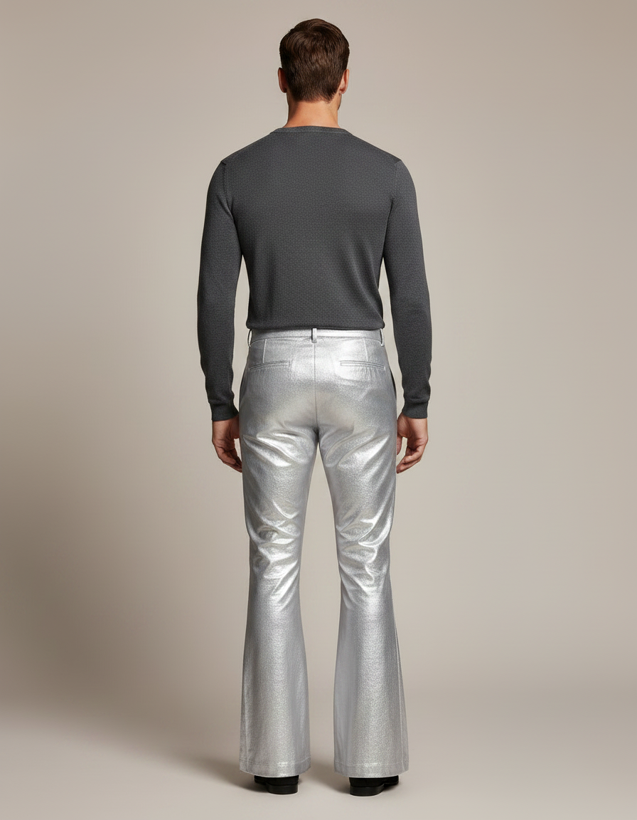Pantalon Patte D'Éléphant Argent Métallique Brillant Évasé Homme - Argenté Polyester - vue 2