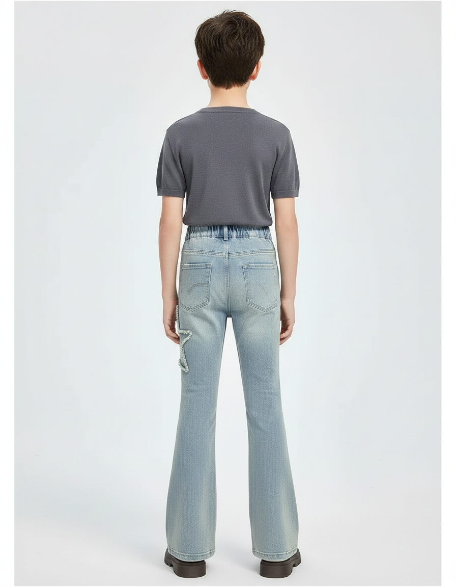 Pantalon Patte D'Éléphant Denim Bleu Étoiles Évasé Enfant - Jean - vue 2