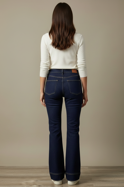 Pantalon Patte D'Éléphant Jean Bleu Foncé Taille Haute Évasé - Marine - vue 2
