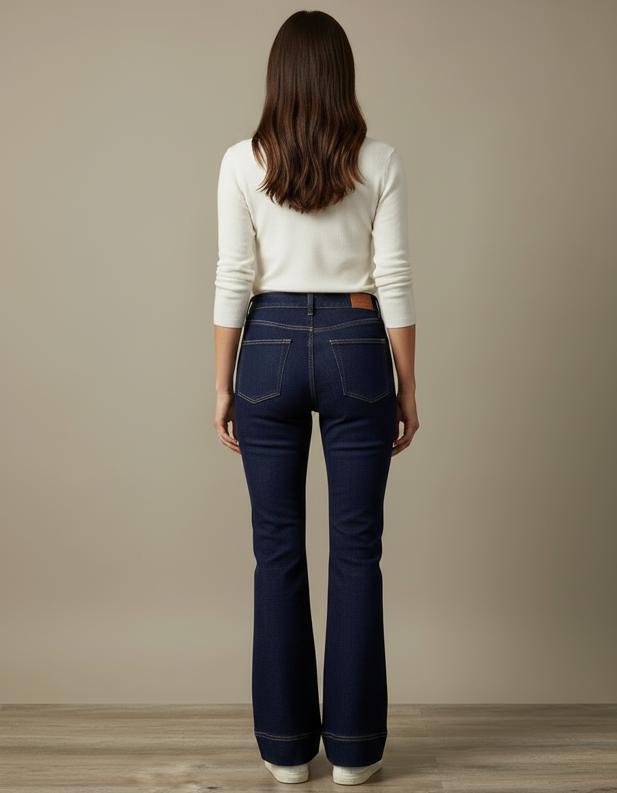 Pantalon Patte D'Éléphant Jean Bleu Foncé Taille Haute Évasé - Marine - vue 2