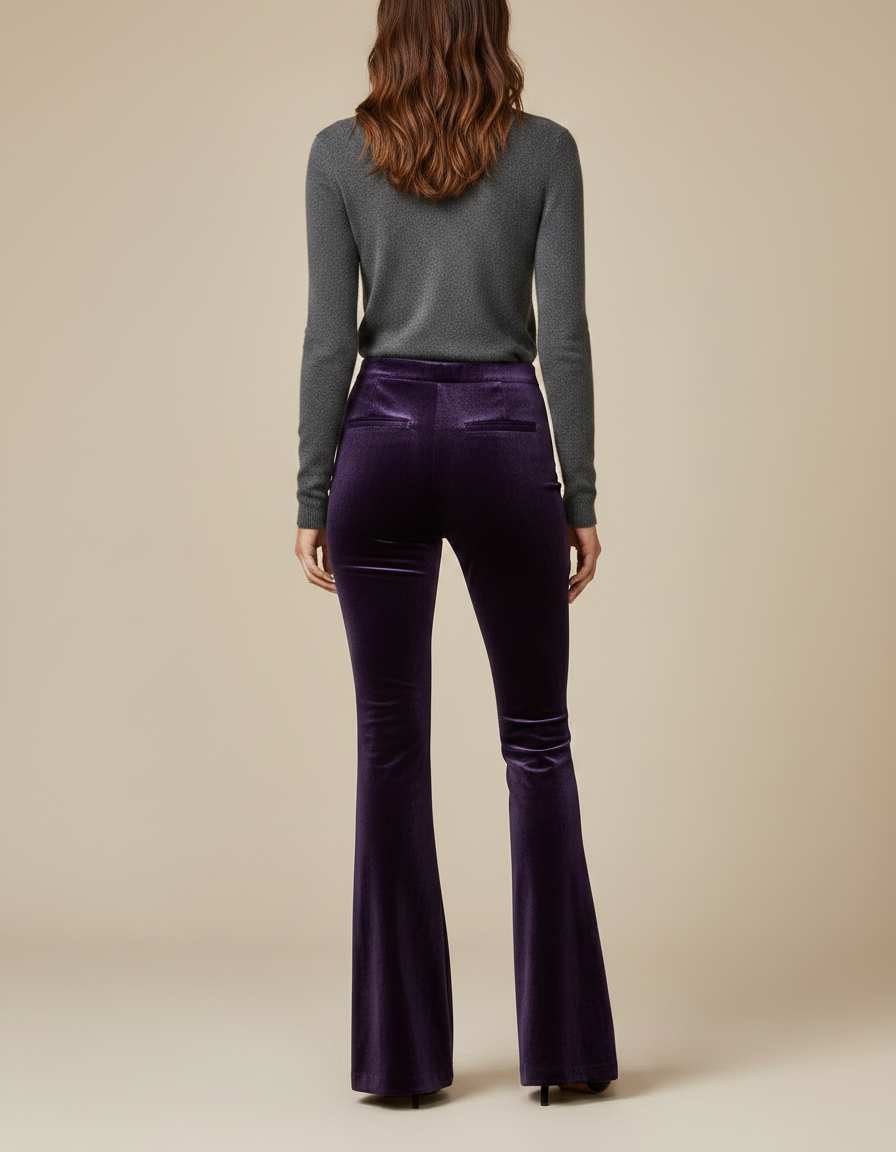 Pantalon Patte D'Éléphant Velours Violet Brodé Évasé Femme - vue 2