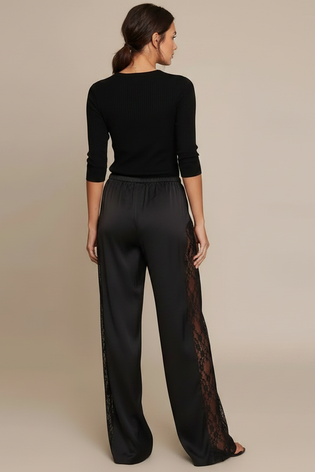Pantalon Patte D'Éléphant Noir Satiné Dentelle Fluide Élégant - vue 2