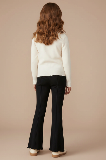 Pantalon Patte D'Éléphant Côtelé Noir Cœur Brodé Fille - Maille - vue 2