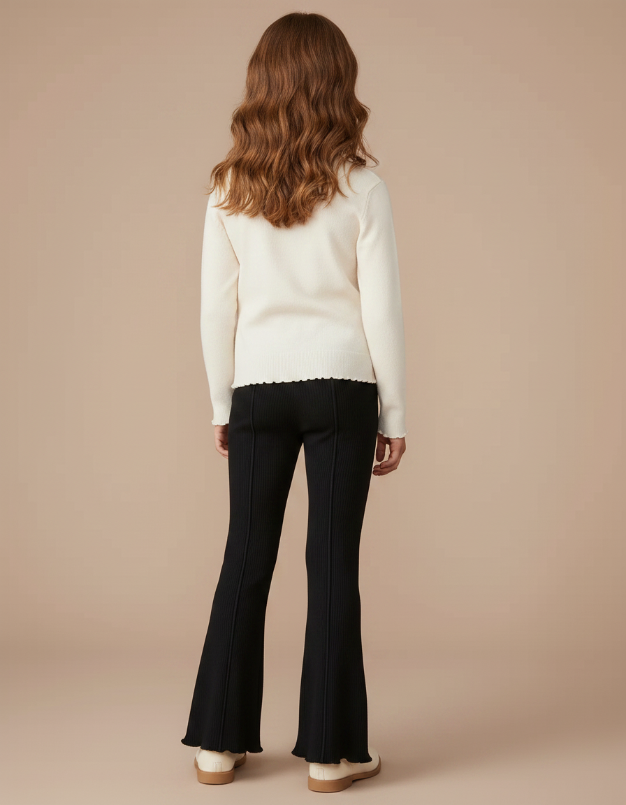 Pantalon Patte D'Éléphant Côtelé Noir Cœur Brodé Fille - Maille - vue 2