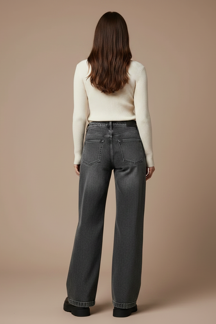Pantalon Patte D'Éléphant Imprimé Gothique Denim Ample Noir - Gris Jean - vue 2