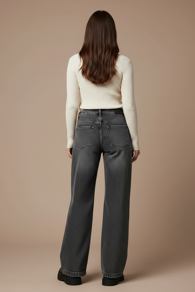 Pantalon Patte D'Éléphant Imprimé Gothique Denim Ample Noir - Gris Jean - vue 2