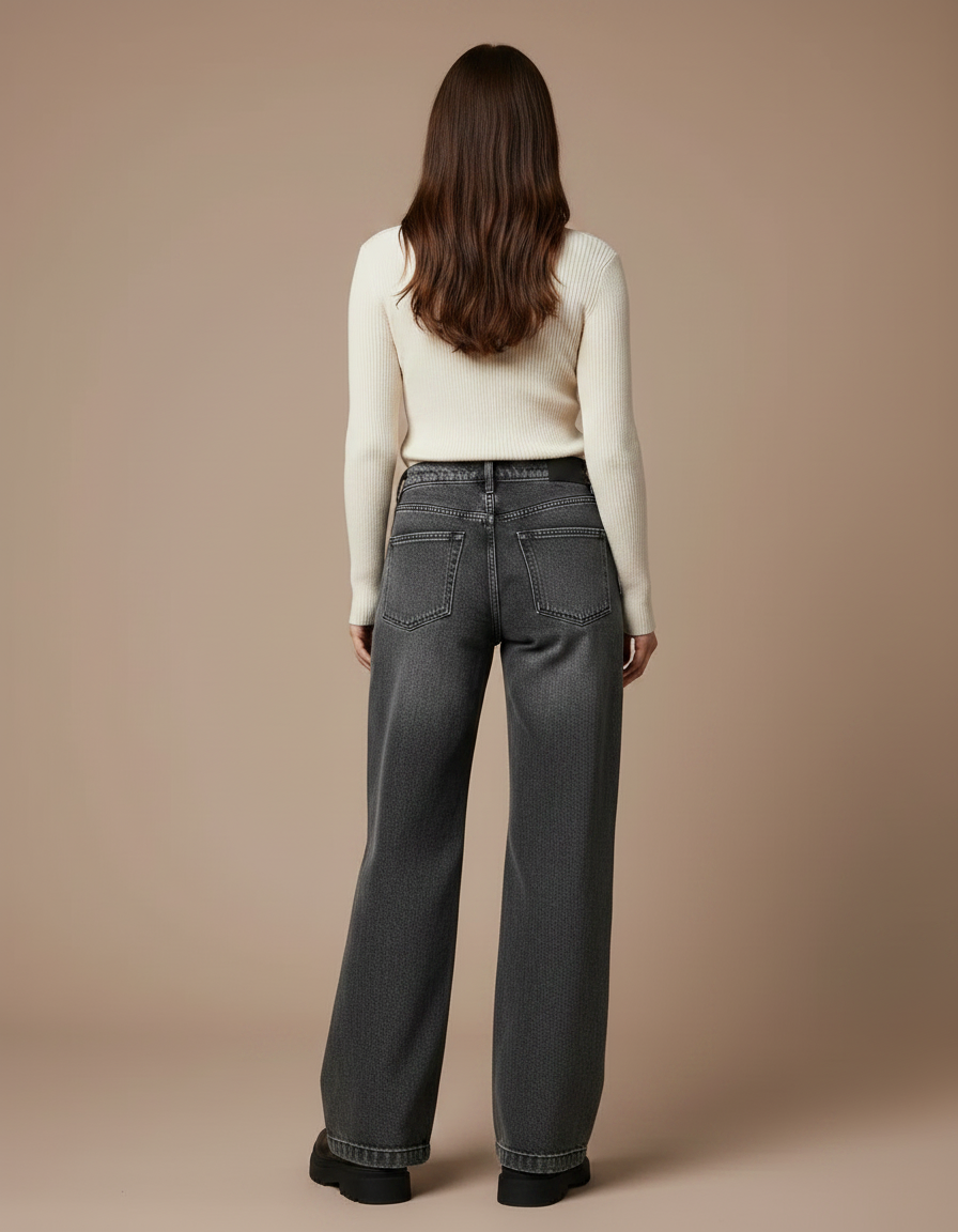 Pantalon Patte D'Éléphant Imprimé Gothique Denim Ample Noir - Gris Jean - vue 2