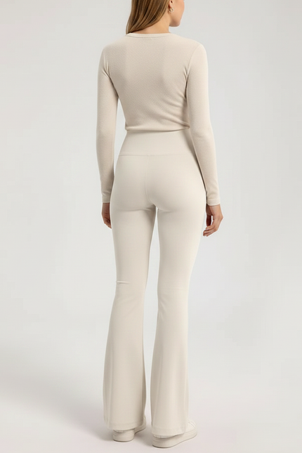 Pantalon Patte D'Éléphant Crème Taille Haute Élastique Confortable - Beige Polyester - vue 2
