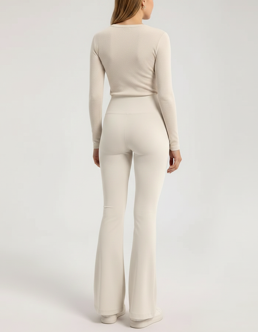 Pantalon Patte D'Éléphant Crème Taille Haute Élastique Confortable - Beige Polyester - vue 2