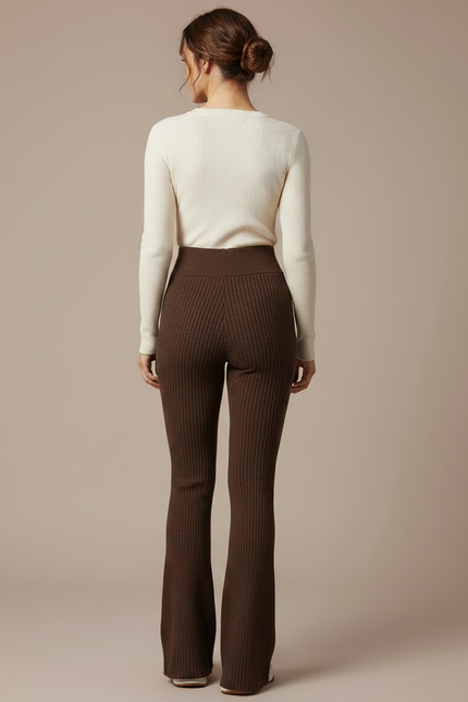 Pantalon Patte D'Éléphant Marron Côtelé Taille Haute Stretch - Maille - vue 2
