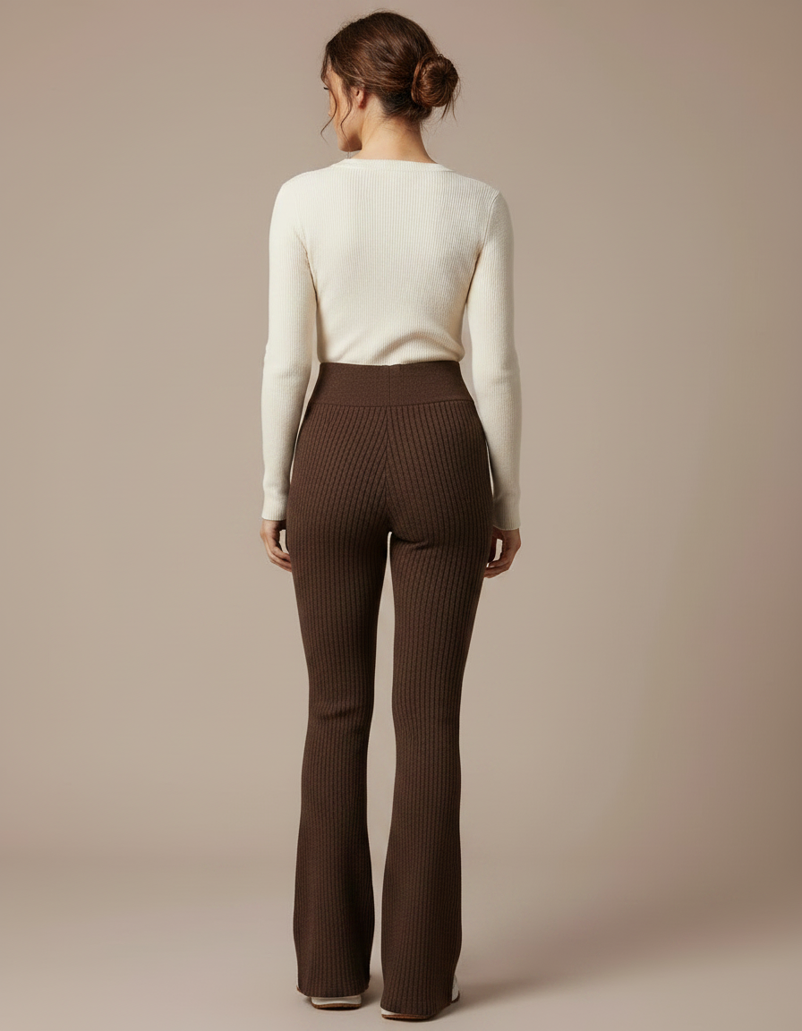 Pantalon Patte D'Éléphant Marron Côtelé Taille Haute Stretch - Maille - vue 2