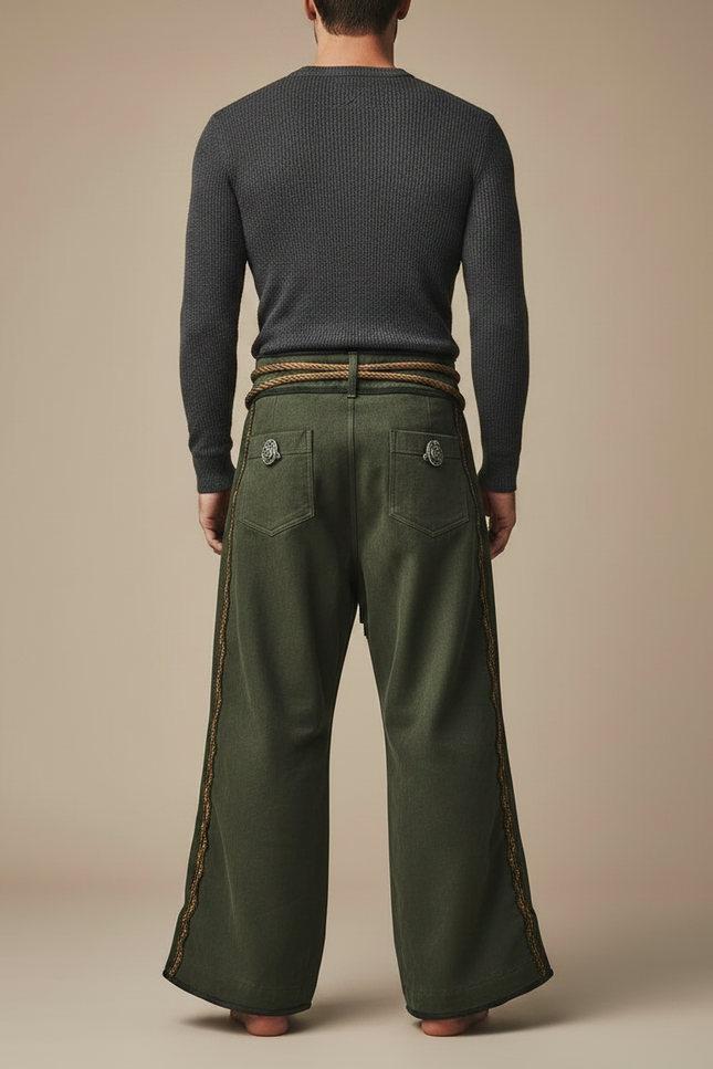 Pantalon Patte D'Éléphant Vert Brodé Arbre Celtique Ample - Cordé - vue 2