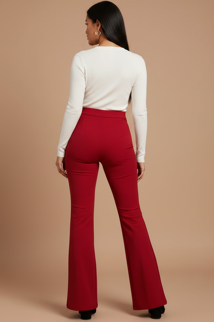 Pantalon Patte D'Éléphant Rouge Élégant Taille Haute Évasé - Polyester - vue 2