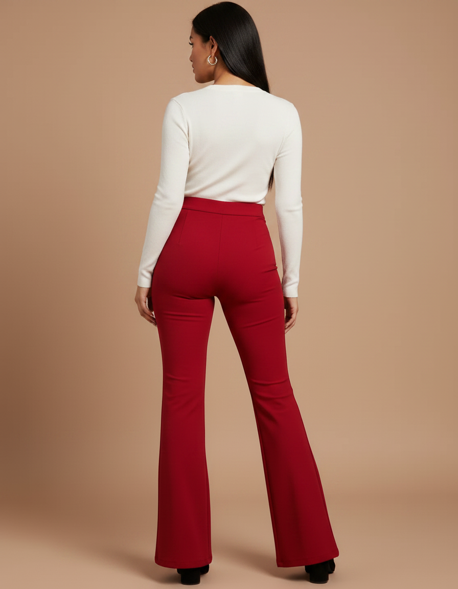 Pantalon Patte D'Éléphant Rouge Élégant Taille Haute Évasé - Polyester - vue 2