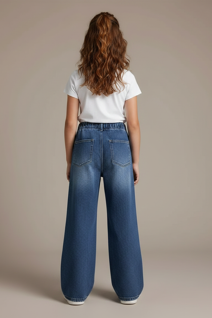 Pantalon Patte D'Éléphant Fille Denim Imprimé Large Casual - Bleu Jean - vue 2