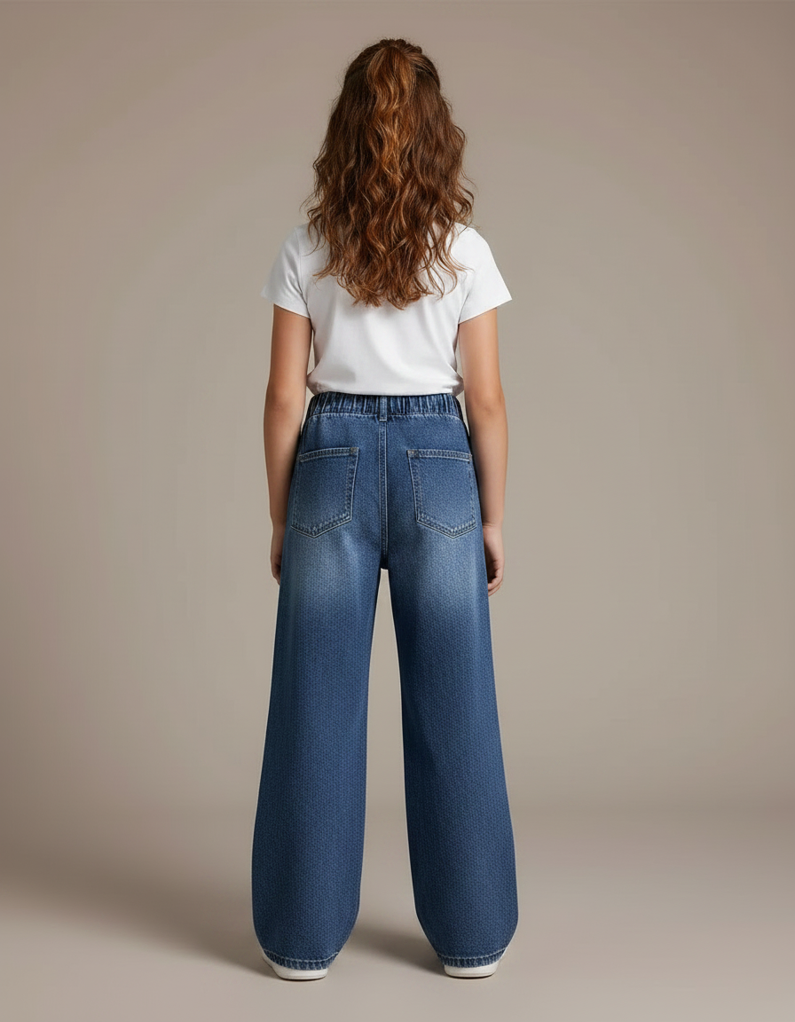 Pantalon Patte D'Éléphant Fille Denim Imprimé Large Casual - Bleu Jean - vue 2