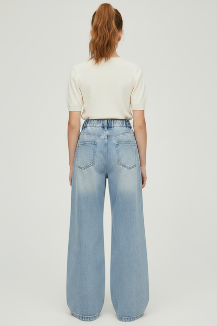 Pantalon Patte D'Éléphant Jean Bleu Déchiré Taille Élastique Large - vue 2