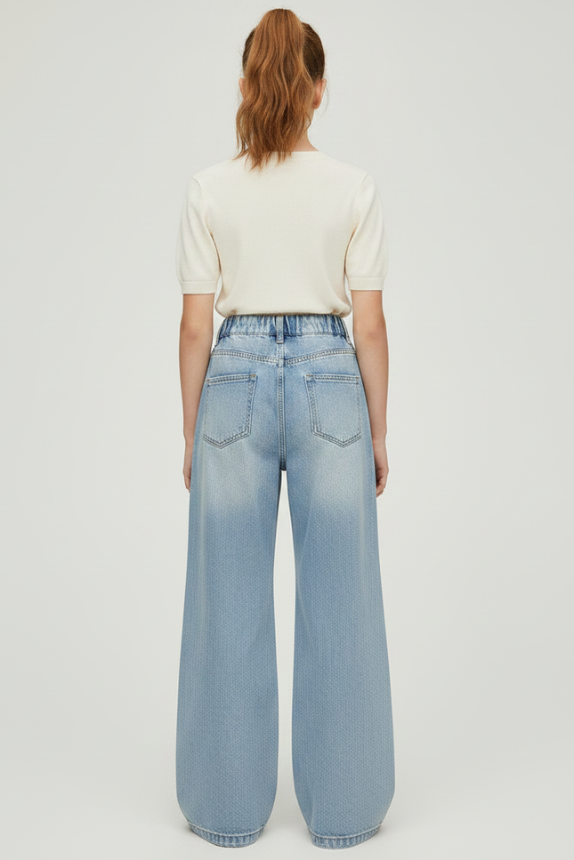 Pantalon Patte D'Éléphant Jean Bleu Déchiré Taille Élastique Large - vue 2