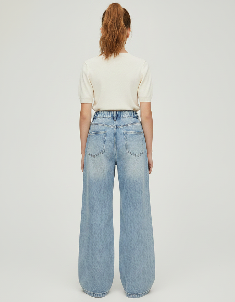 Pantalon Patte D'Éléphant Jean Bleu Déchiré Taille Élastique Large - vue 2