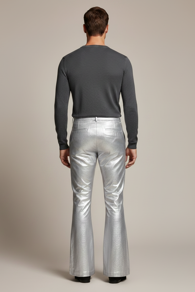 Pantalon Patte D'Éléphant Argent Métallique Brillant Évasé Homme - Argenté Polyester - vue 2