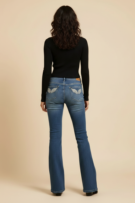 Pantalon Patte D'Éléphant Jean Bleu Brodé Taille Basse - vue 2