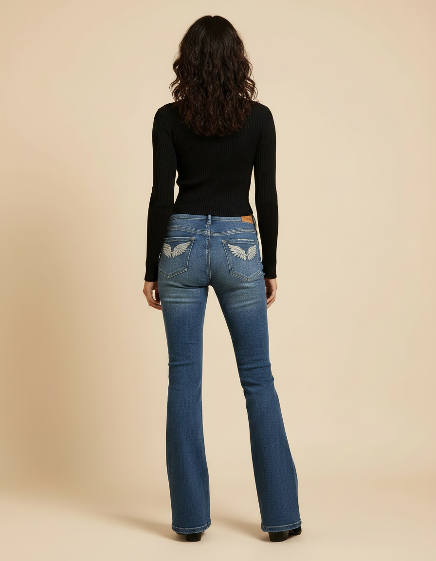Pantalon Patte D'Éléphant Jean Bleu Brodé Taille Basse - vue 2