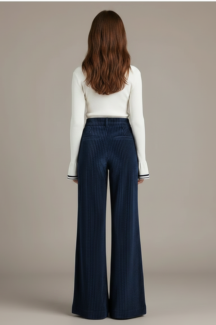 Pantalon Patte D'Éléphant Côtelé Bleu Marine Taille Haute Élégant - Cordé - vue 2