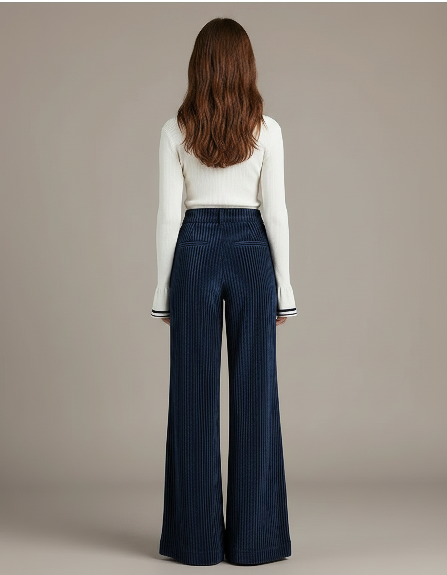 Pantalon Patte D'Éléphant Côtelé Bleu Marine Taille Haute Élégant - Cordé - vue 2