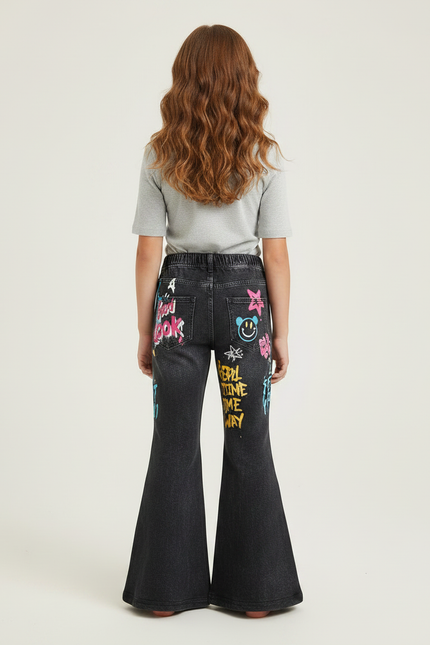 Pantalon Patte D'Éléphant Noir Graffiti Imprimé Évasé Fille - Jean - vue 2
