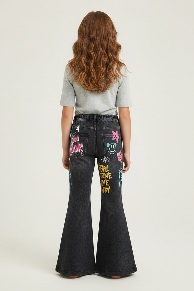 Pantalon Patte D'Éléphant Noir Graffiti Imprimé Évasé Fille - Jean - vue 2