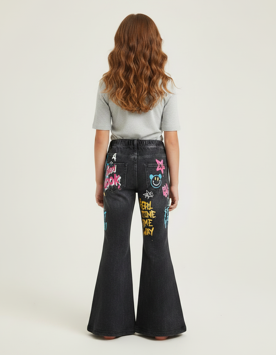 Pantalon Patte D'Éléphant Noir Graffiti Imprimé Évasé Fille - Jean - vue 2
