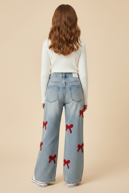 Pantalon Patte D'Éléphant Denim Large Nœuds Rouges Fille - Bleu Jean - vue 2